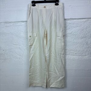 NWOT LOFT cream lightweight linen blend pleated pockets wide leg pants SZ 6